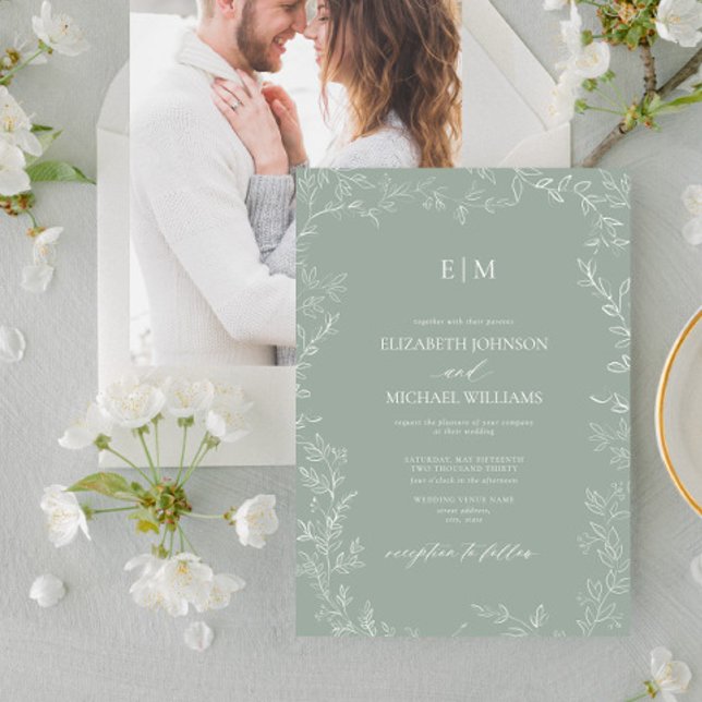 Sage Green Minimal Leaf Photo Monogram Wedding Invitation (Creator Uploaded)
