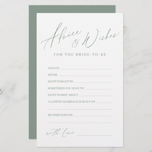 Sage green minimal modern wedding advice & wishes (Front/Back)