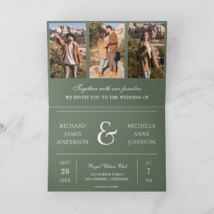 Sage Green Minimal Photo Collage QR Code Wedding Invitation