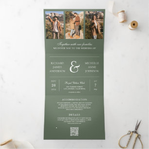 Sage Green Minimal Photo Collage QR Code Wedding Tri-Fold Invitation