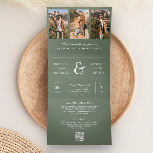 Sage Green Minimal Photo Collage QR Code Wedding Tri-Fold Invitation