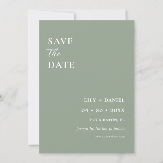 Sage Green Minimal Photo Save The Date Card (Front)