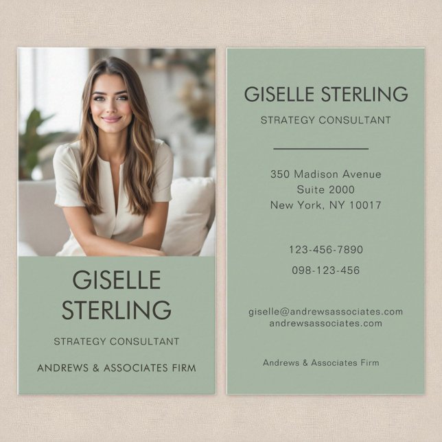 Sage Green Minimal Professional Photo Modern Business Card (Creator Uploaded)