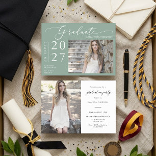 Sage Green Minimal Script School Graduation Photo Invitation