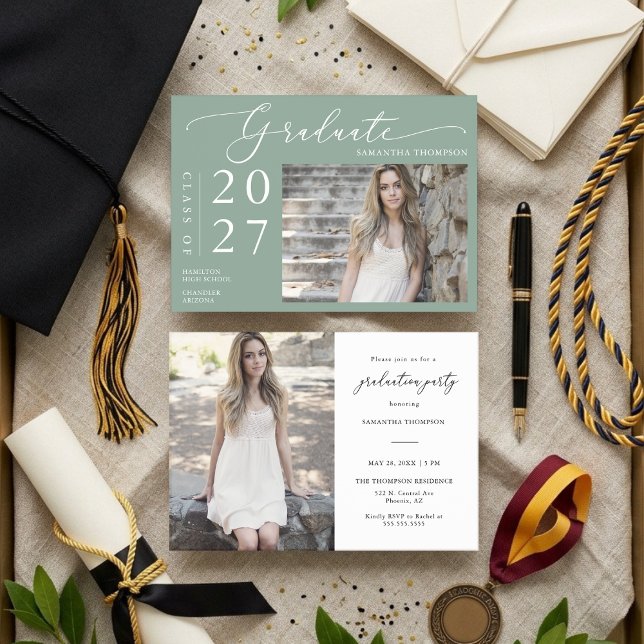Sage Green Minimal Script School Graduation Photo Invitation (Creator Uploaded)