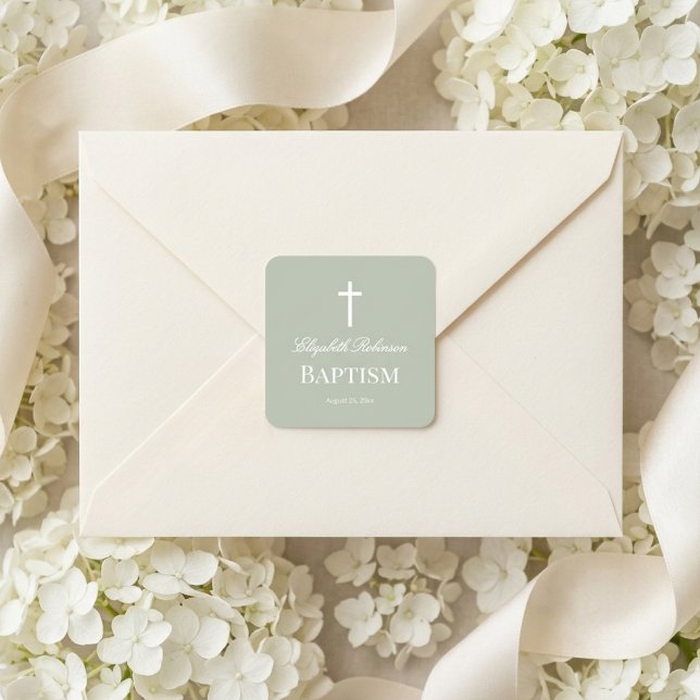 Sage Green Minimalist Baptism  Square Sticker (Creator Uploaded)