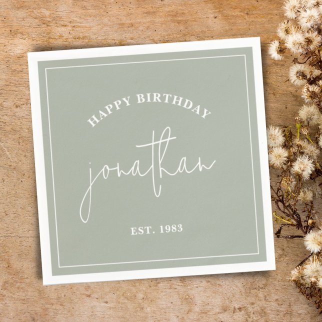 Sage Green Minimalist Birthday Custom Name Napkins (Creator Uploaded)