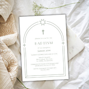 Sage Green Minimalist Boho Arch Cross Baptism Invitation