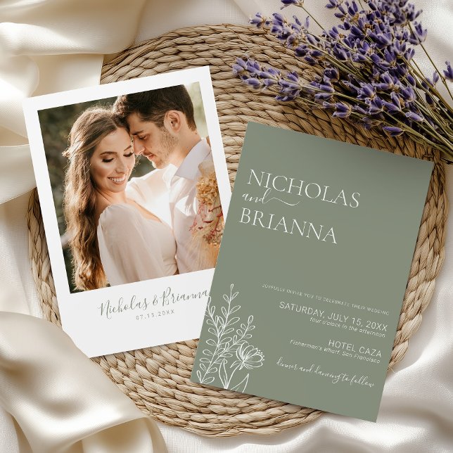 Sage Green Minimalist Boho Wedding Elegant Photo Invitation (Creator Uploaded)