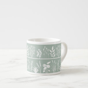 Sage Green Minimalist Botanical Silhouette Stripe Espresso Cup