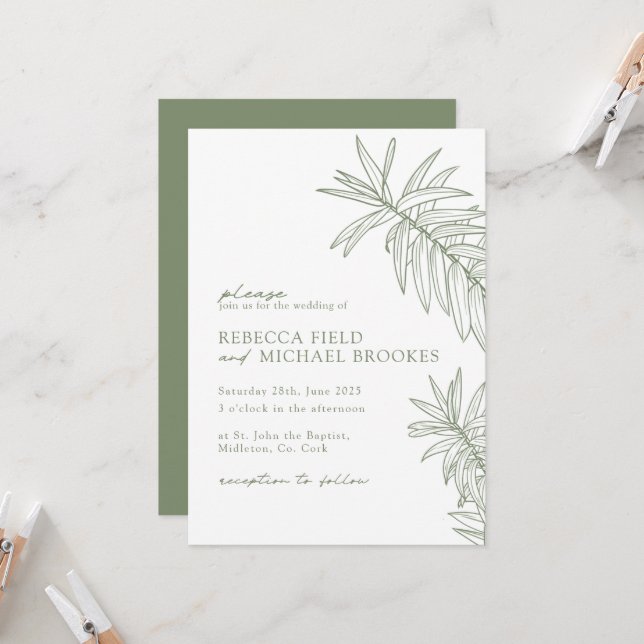 Sage Green Minimalist Botanical Wedding Invitation (Front/Back In Situ)