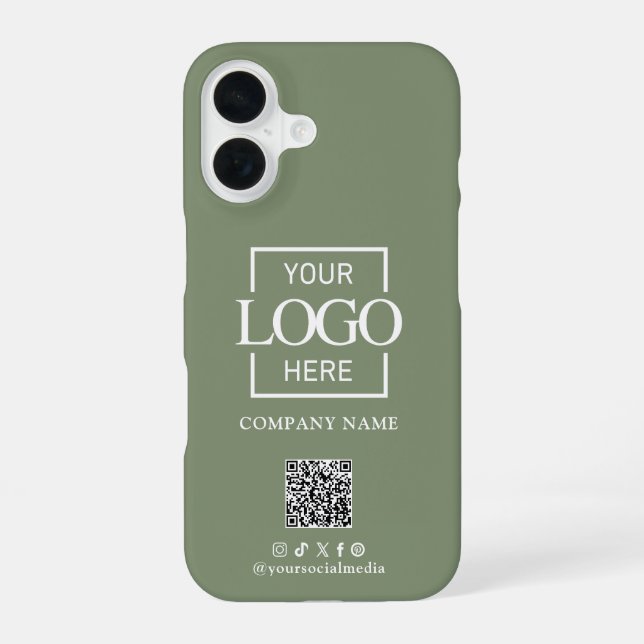 Sage Green Minimalist Business Logo & QR Code iPhone 16 Case (Back)
