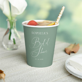 Sage Green Minimalist Calligraphy Bridal Shower Paper Cups
