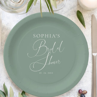 Sage Green Minimalist Calligraphy Bridal Shower Paper Plate