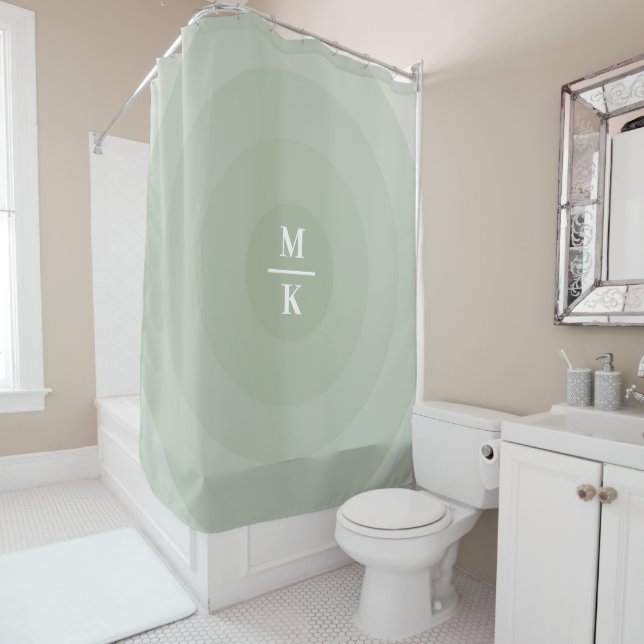 Sage Green Minimalist Circle Gradient Monogram  Shower Curtain (In Situ)