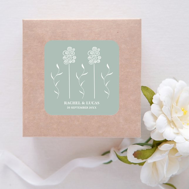 Sage Green Minimalist Curly Floral Square Square Sticker (Creator Uploaded)
