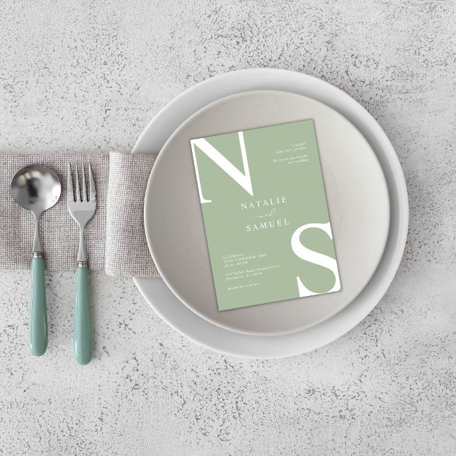 Sage Green Minimalist Elegant Bold Initial Wedding Invitation (Creator Uploaded)