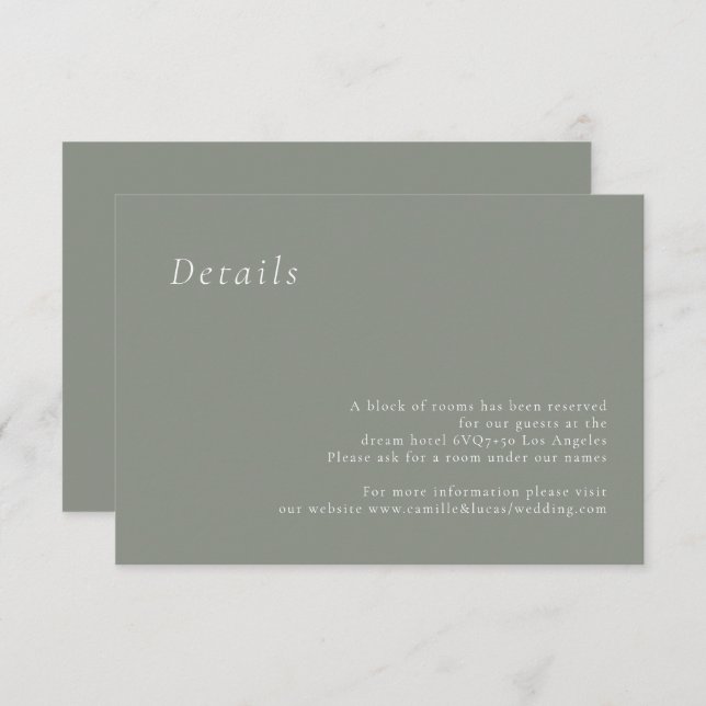 Sage Green Minimalist Elegant Wedding Details card (Front/Back)