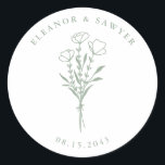 Sage Green Minimalist Floral Bouquet Wedding Classic Round Sticker<br><div class="desc">Send thanks with these customisable wedding stickers. It features a minimalist floral bouquet, handwritten script and simple typography. Personalise these minimalist stickers by adding names and date. These floral wedding stickers are perfect for weddings, bridal showers, engagement parties, and so much more. Tailor your botanical wedding stickers to match your...</div>
