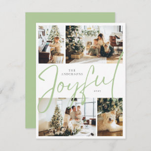 Sage Green Minimalist Four Photo Joyful Christmas Holiday Card
