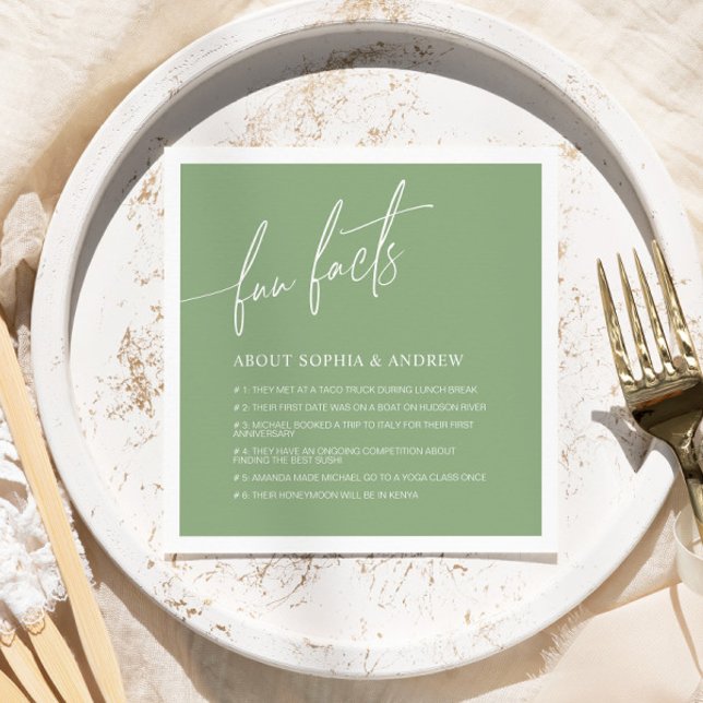 Sage Green Minimalist Fun Facts Wedding Napkins (Creator Uploaded)