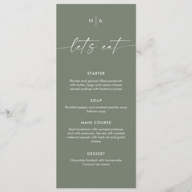 Sage Green Minimalist Handwriting Wedding Dinner  Menu (Front)