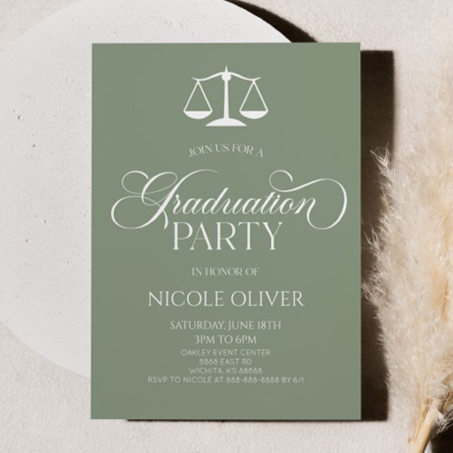 Sage Green Minimalist Lawyer Scale Graduation Invitation (Creator Uploaded)