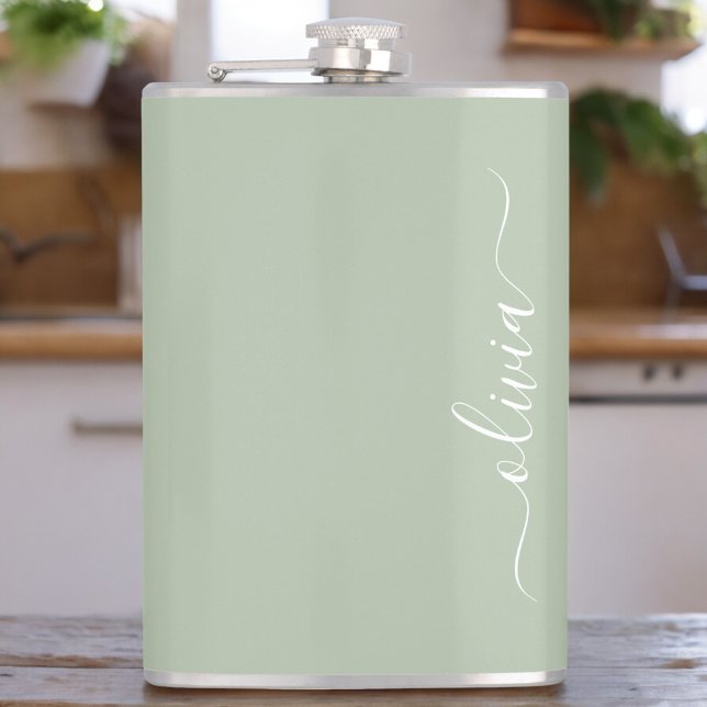 Sage Green Minimalist Modern Monogram Elegant Hip Flask (Creator Uploaded)
