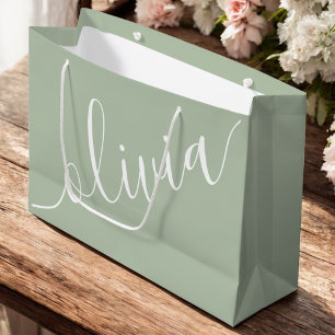 Sage Green Minimalist Modern Monogram Elegant Large Gift Bag