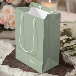 Sage Green Minimalist Modern Monogram Elegant Medium Gift Bag