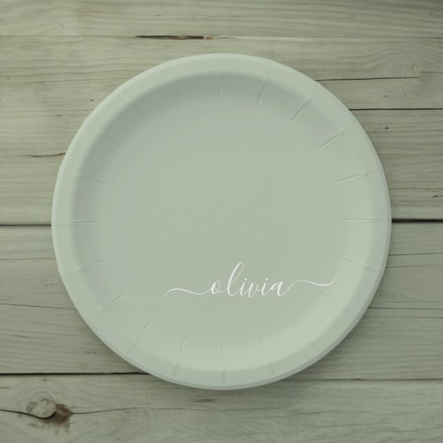 Sage Green Minimalist Modern Monogram Elegant  Paper Plate (Creator Uploaded)