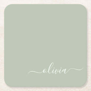 Sage Green Minimalist Modern Monogram Elegant  Square Paper Coaster