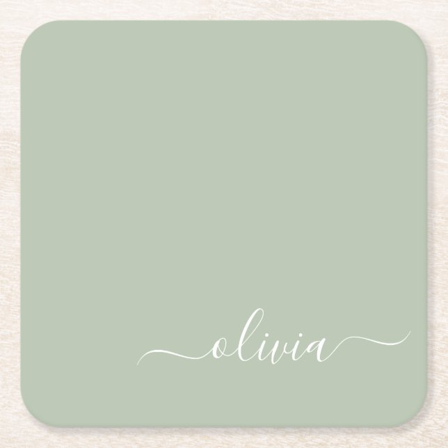 Sage Green Minimalist Modern Monogram Elegant  Square Paper Coaster (Front)