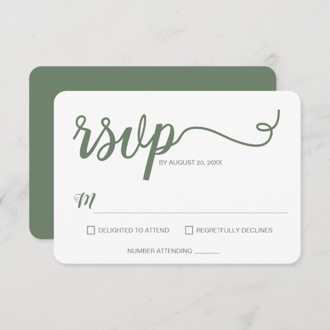 Sage Green Minimalist Modern Script Wedding  RSVP Card (Front/Back)