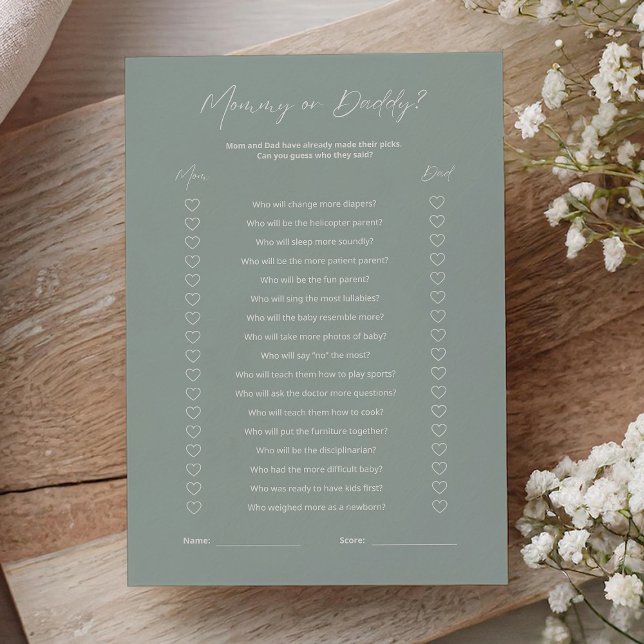 Sage Green Minimalist Mom or Dad Baby Shower Game (Creator Uploaded)