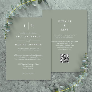 Sage Green Minimalist Monogram QR Code Wedding Invitation