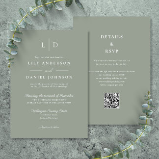 Sage Green Minimalist Monogram QR Code Wedding Invitation