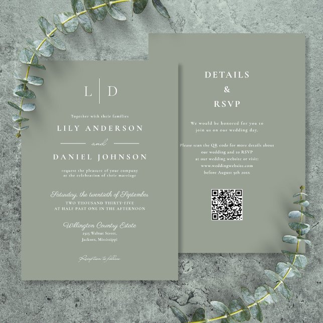 Sage Green Minimalist Monogram QR Code Wedding Invitation (Sage Green Minimalist Monogram QR Code Wedding Invitation)