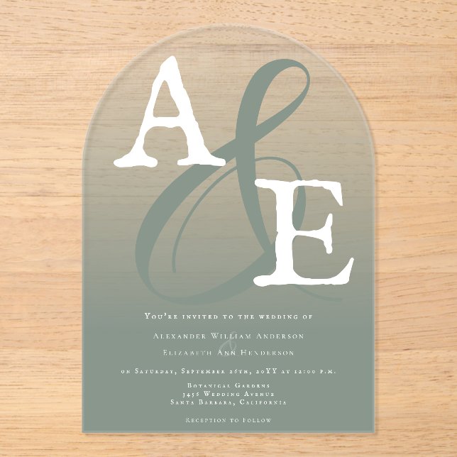 Sage Green Minimalist Monogram Wedding Acrylic Invitations (Front)