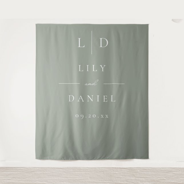 Sage Green Minimalist Monogram Wedding Backdrop Tapestry (Front)