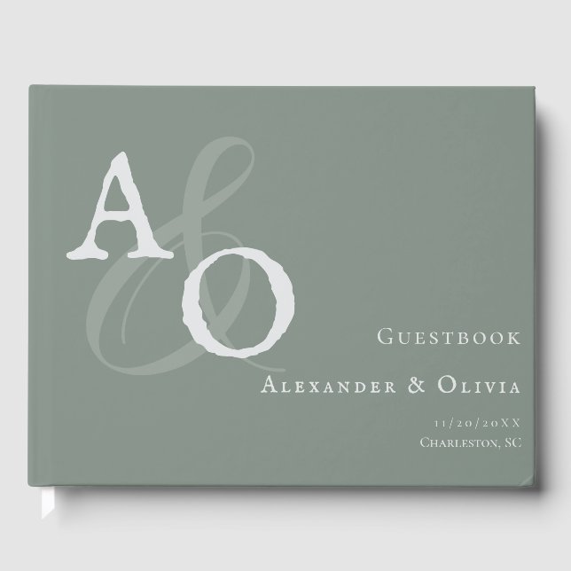 Sage Green Minimalist Monogram Wedding Guest Book (Front)