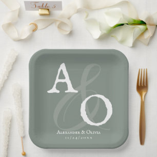 Sage Green Minimalist Monogram Wedding Paper Plate