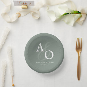 Sage Green Minimalist Monogram Wedding Paper Plate