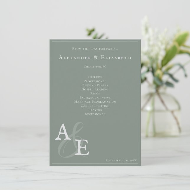 Sage Green Minimalist Monogram Wedding Program (Standing Front)