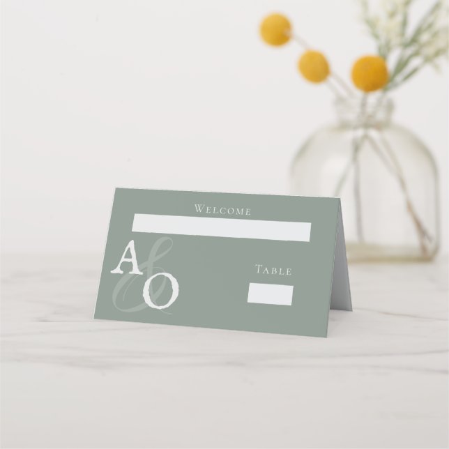Sage Green Minimalist Monogram Wedding Reception Place Card (Front)