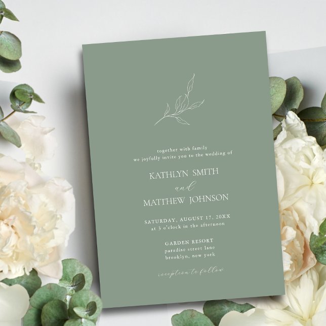 Sage Green Minimalist Olive Leaf Branch Wedding Invitation (Creator Uploaded)