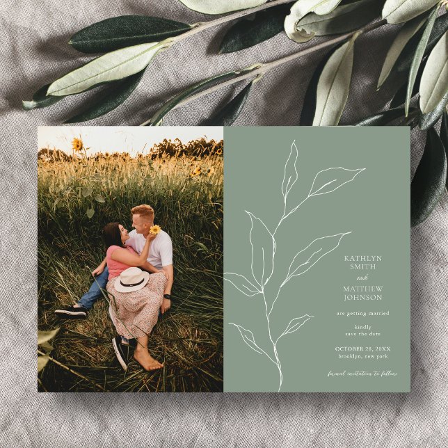 Sage Green Minimalist Olive Leaf Save The Date Magnetic Invitation (Creator Uploaded)