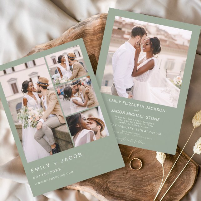 Sage Green Minimalist Photo Five Photo Wedding Invitation (Creator Uploaded)