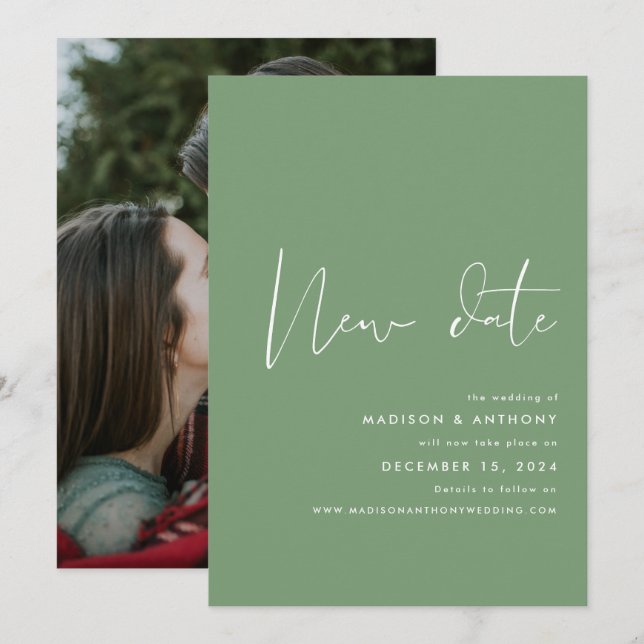 Sage Green Minimalist Photo New Date Wedding Announcement (Front/Back)
