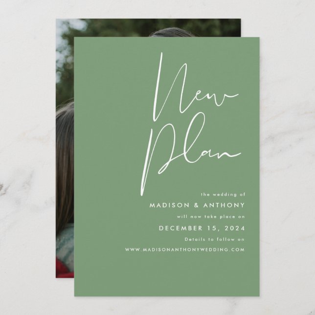 Sage Green Minimalist Photo New Plan Wedding Announcement (Front/Back)
